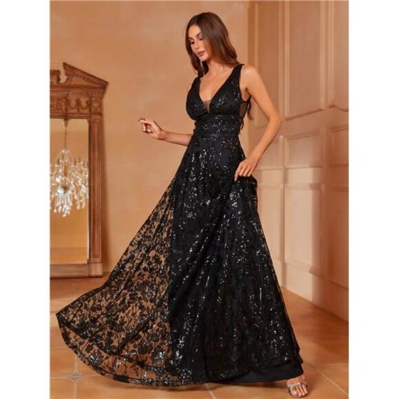 Sleeveless V Neck Sequin Formal Party Dress With Sequin Flowers Decoration - Picture 3 of 6